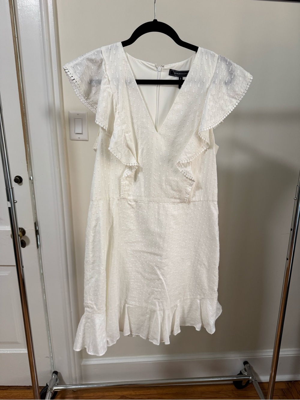 BCBGMaxAzria White Swiss Dot Ruffle Mini Dress